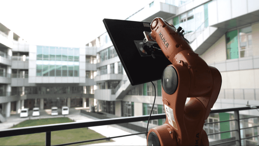 By using four GPS beacons they have defined an operational space of 20m x 20m in an open outside area. FocusonicsTM ultrasonic speaker was mounted on a robotic arm, tracking the position and movement of an individual visitor carrying the fifth GPS beacon within the operational space.