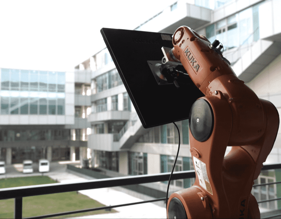 By using four GPS beacons they have defined an operational space of 20m x 20m in an open outside area. FocusonicsTM ultrasonic speaker was mounted on a robotic arm, tracking the position and movement of an individual visitor carrying the fifth GPS beacon within the operational space.